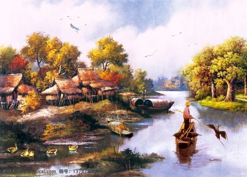 手绘 彩绘 山水 装饰画 树叶 植物 天空 划船 河流