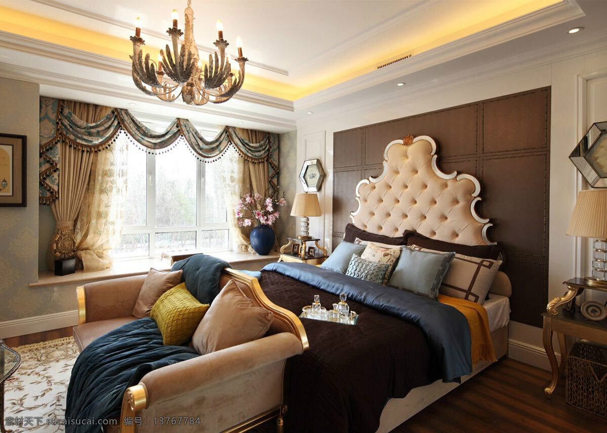 欧式 时尚 奢华 卧室 深褐色 背景 墙 室内装修 图 卧室装修 木地板 浅色台灯 铜金色吊灯