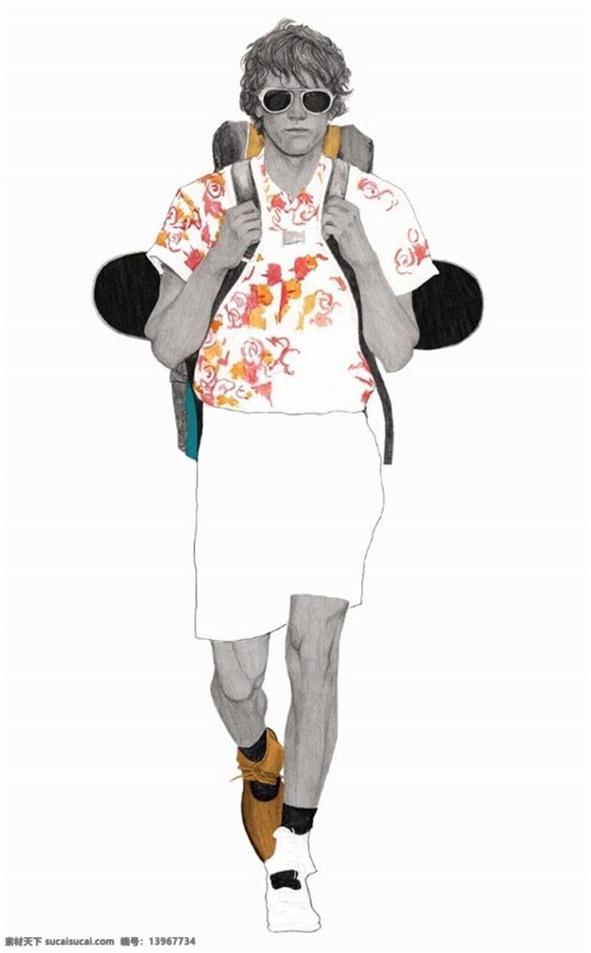 白色短裤 滑板 男装 时尚 青春 风格 橙色 花纹 短袖 效果图 银色内搭 橙色花纹短裤