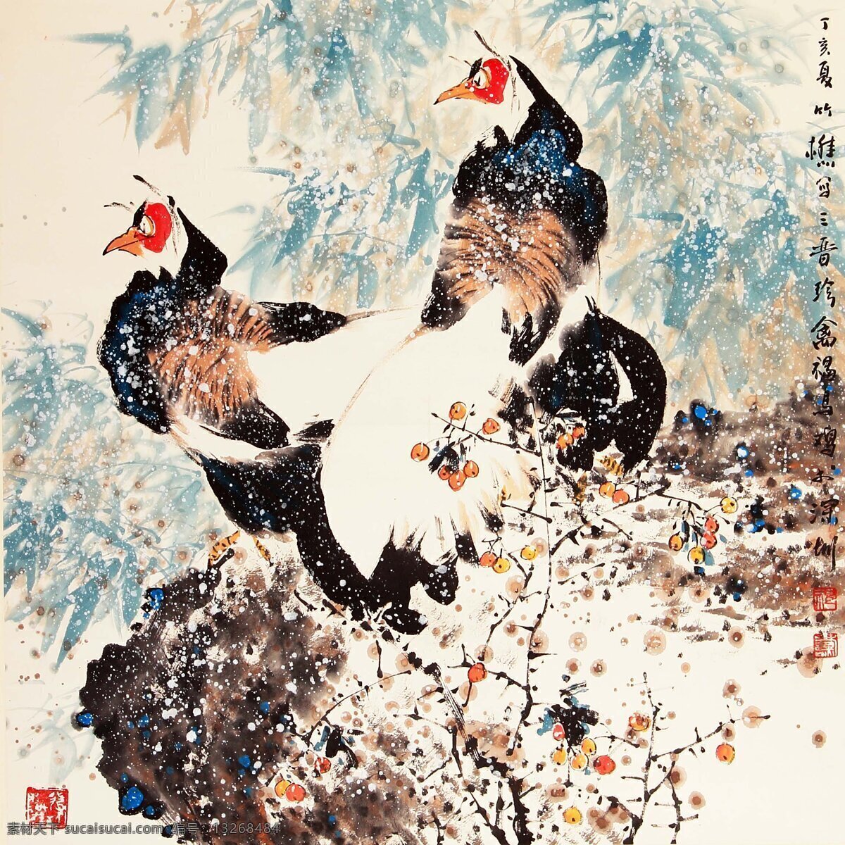 风雪 褐马鸡 室内装饰设计 中国画 设色纸本 立轴 写意花鸟画 祝焘作品 工艺美术 装饰素材 室内装饰用图