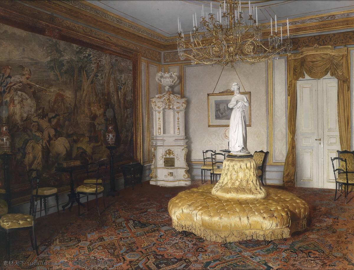 室内巨大油画 装潢 沙发 雕像是 巨大油画 窗帘 地毯 19世纪油画 油画 文化艺术 绘画书法