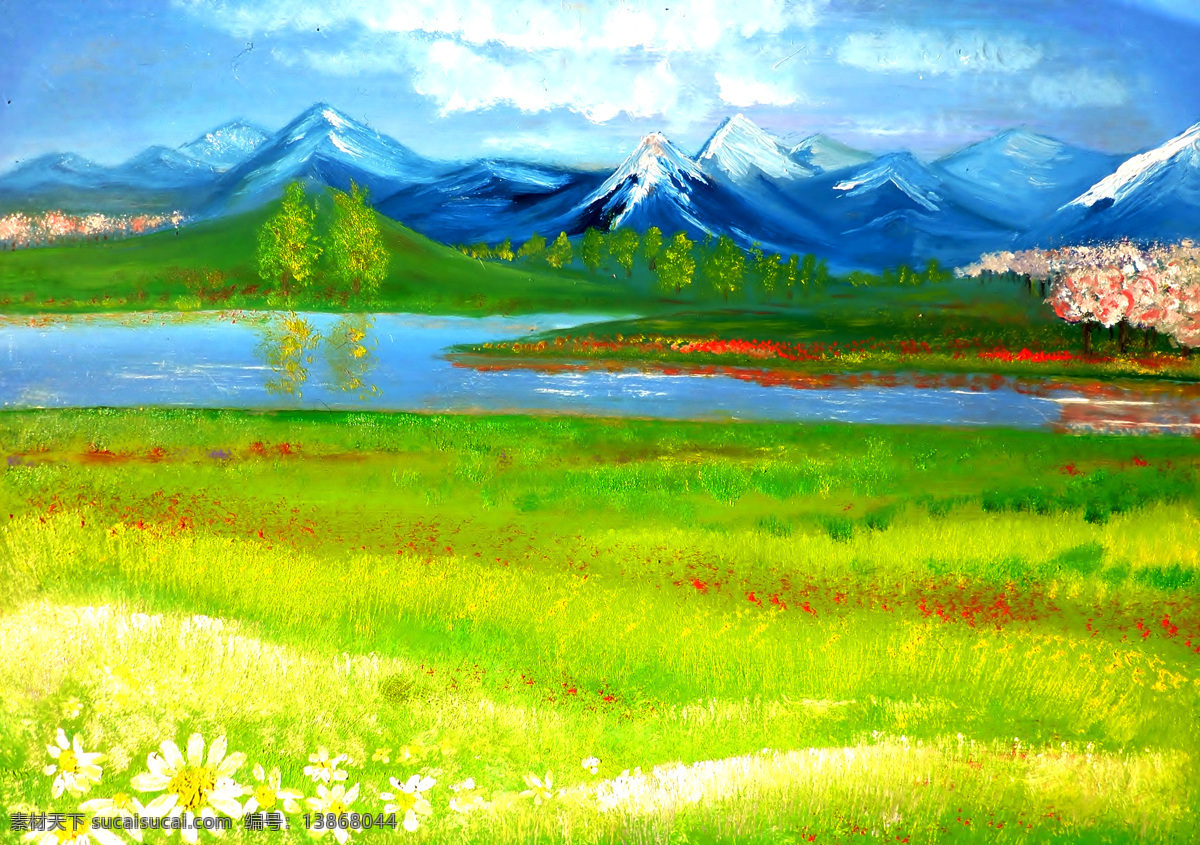 草地 春景 春色 春天 春天景色 风景 风景画 挂画 油画 春色设计素材 春色模板下载 油画风景 绘画 艺术 油画艺术 绿地 雪山 山脉 山峰 河流 西方油画 景色 欧美油画 油画作品 绘画书法 文化艺术 家居装饰素材 山水风景画