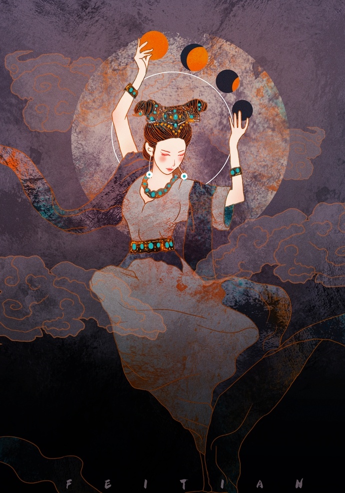 敦煌 飞天 插画 中国风插画 飞天图 敦煌插画 国潮白描 渐变 壁画 仙女 飞天仙女 国潮风