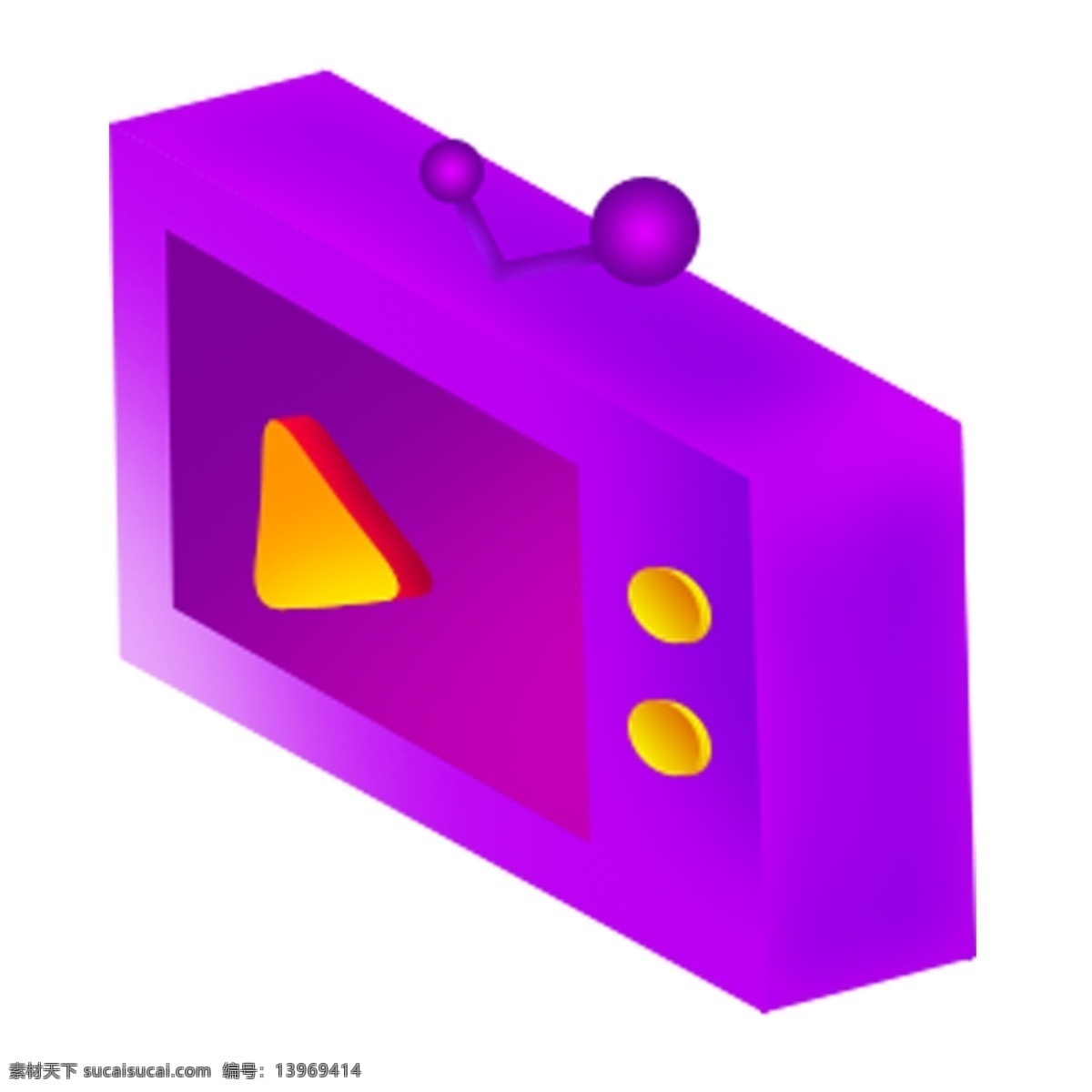 立体 紫色 电视 创意 黄色按钮 装饰素材