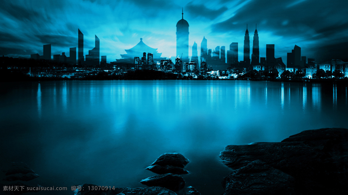 滨水城市夜景 城市夜景 蓝色 重庆 天际线 滨水建筑 江水 礁石 重庆夜景