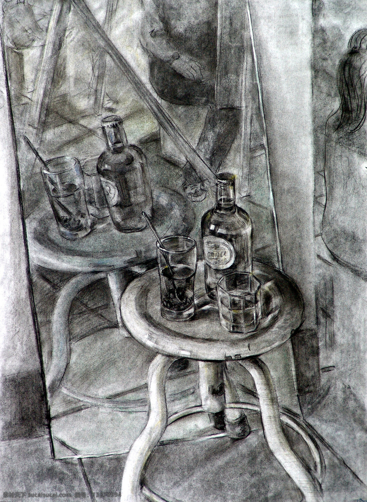 静物素描 酒瓶 酒杯 静物 素描 设计素材 静物专辑 素描速写 书画美术 灰色