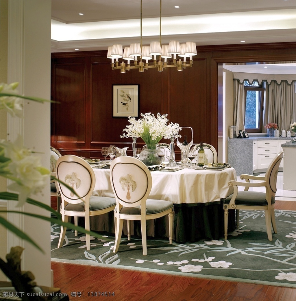 欧式 风格 餐厅 吊灯 白色 餐桌 效果图 欧式风格
