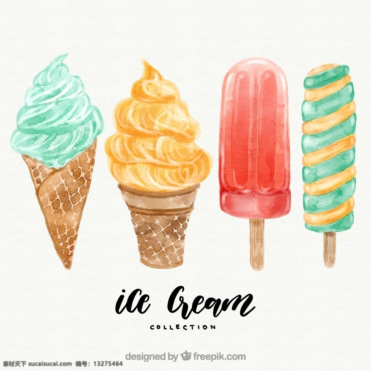 四 水彩 冰淇淋 集 水彩画 食物 夏天 颜色 冰 甜 甜点 奶油 吃 季节 美味 味道 色彩 夏季 冷却 季节性 清爽