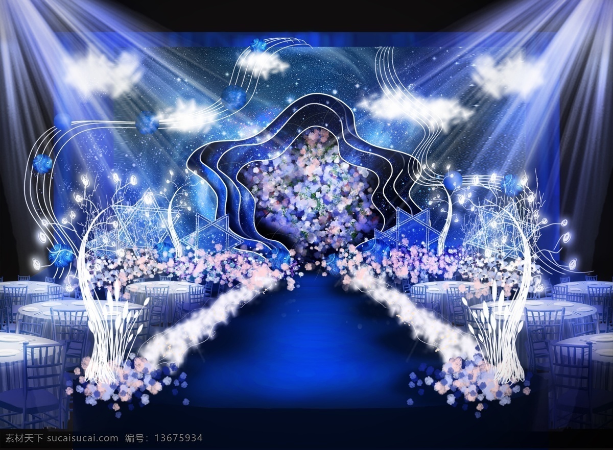 大气 梦幻 蓝色 神秘 舞台 区 婚礼 白云 曲线 灯 蓝色星空 花 白纱 t台 舞台区