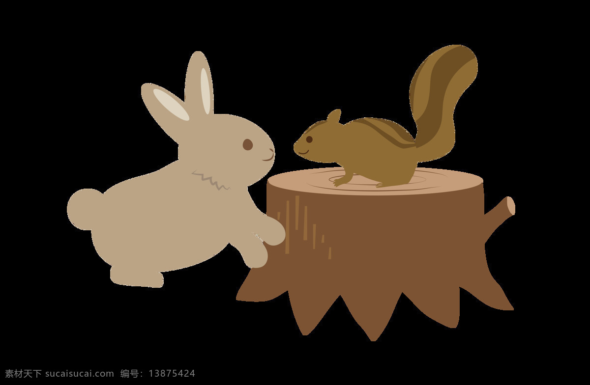 手绘 卡通 兔子 松鼠 装饰 可爱 灰色 动物 扁平 树桩 棕色