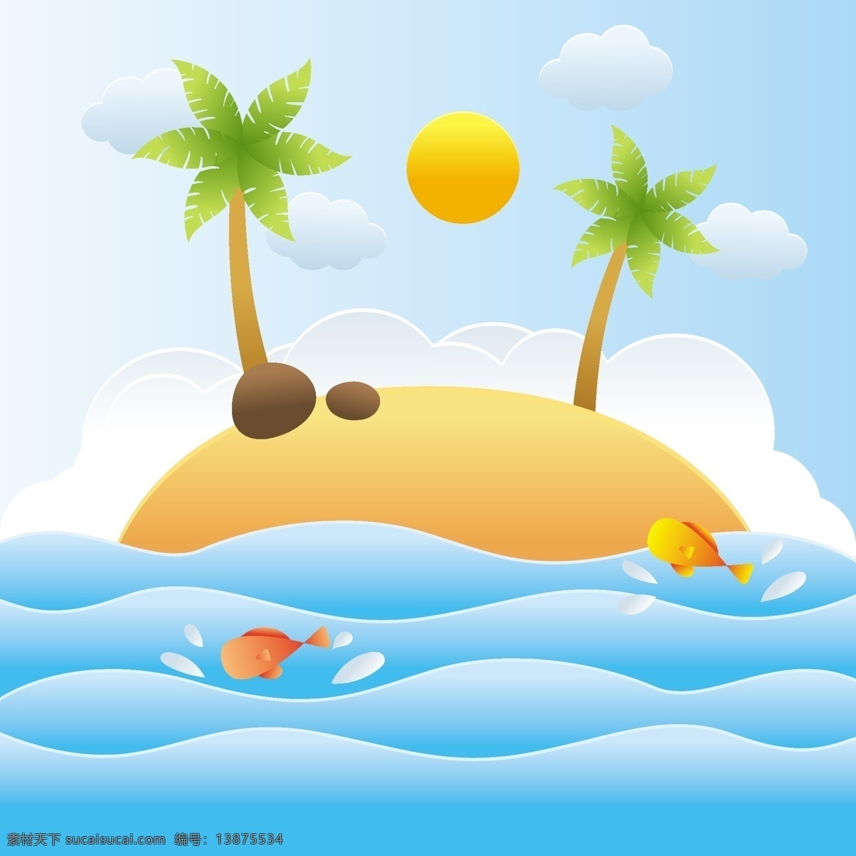 夏天海边风景 夏天 海边 海水 沙滩 白云 夏季 矢量 风景 夏天素材 夏天背景