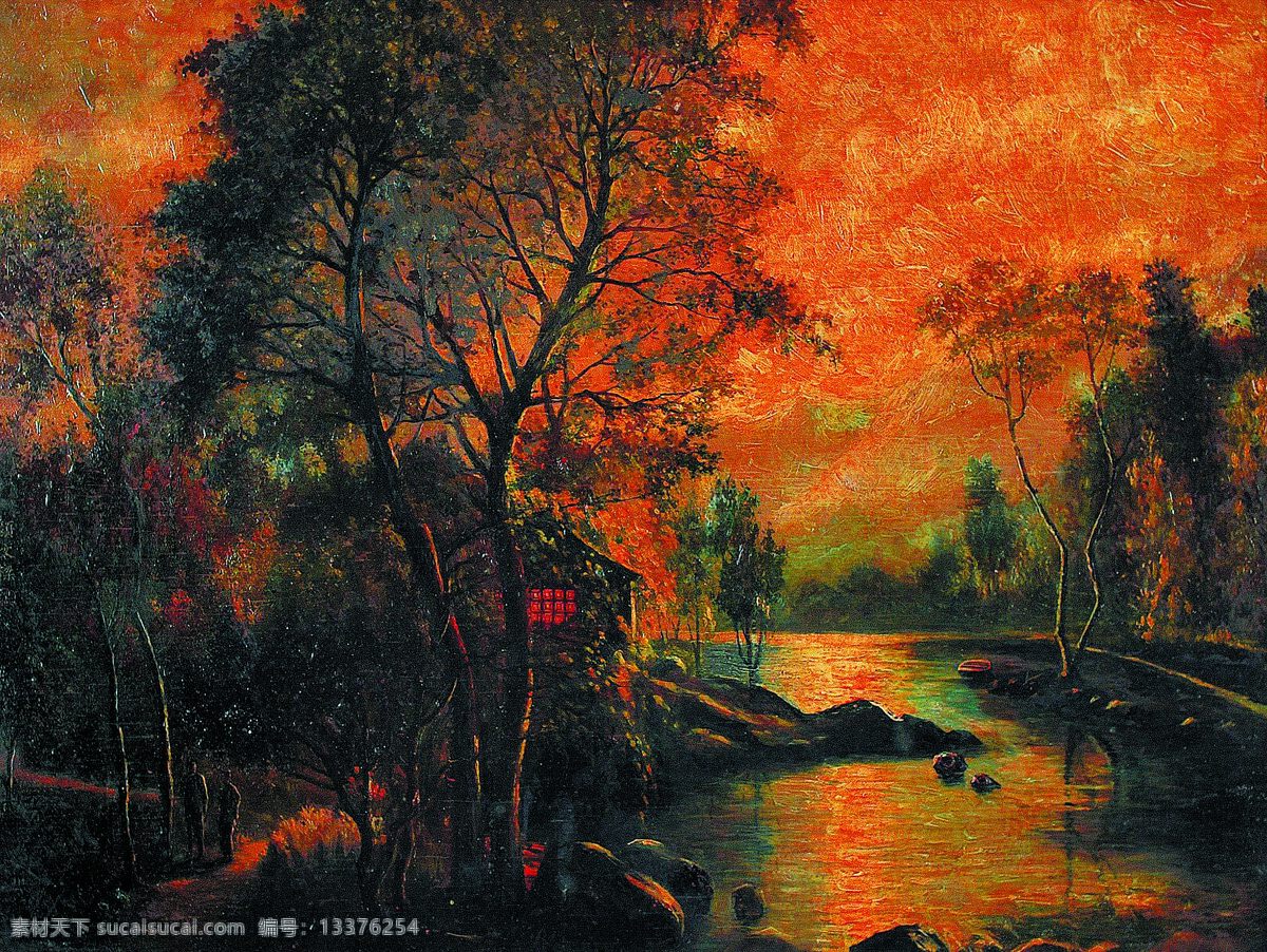 房屋 风景画 河流 绘画书法 美术 树林 树木 晚霞设计素材 晚霞模板下载 晚霞 油画 红霞 行人 油画艺术 油画作品55 文化艺术 家居装饰素材