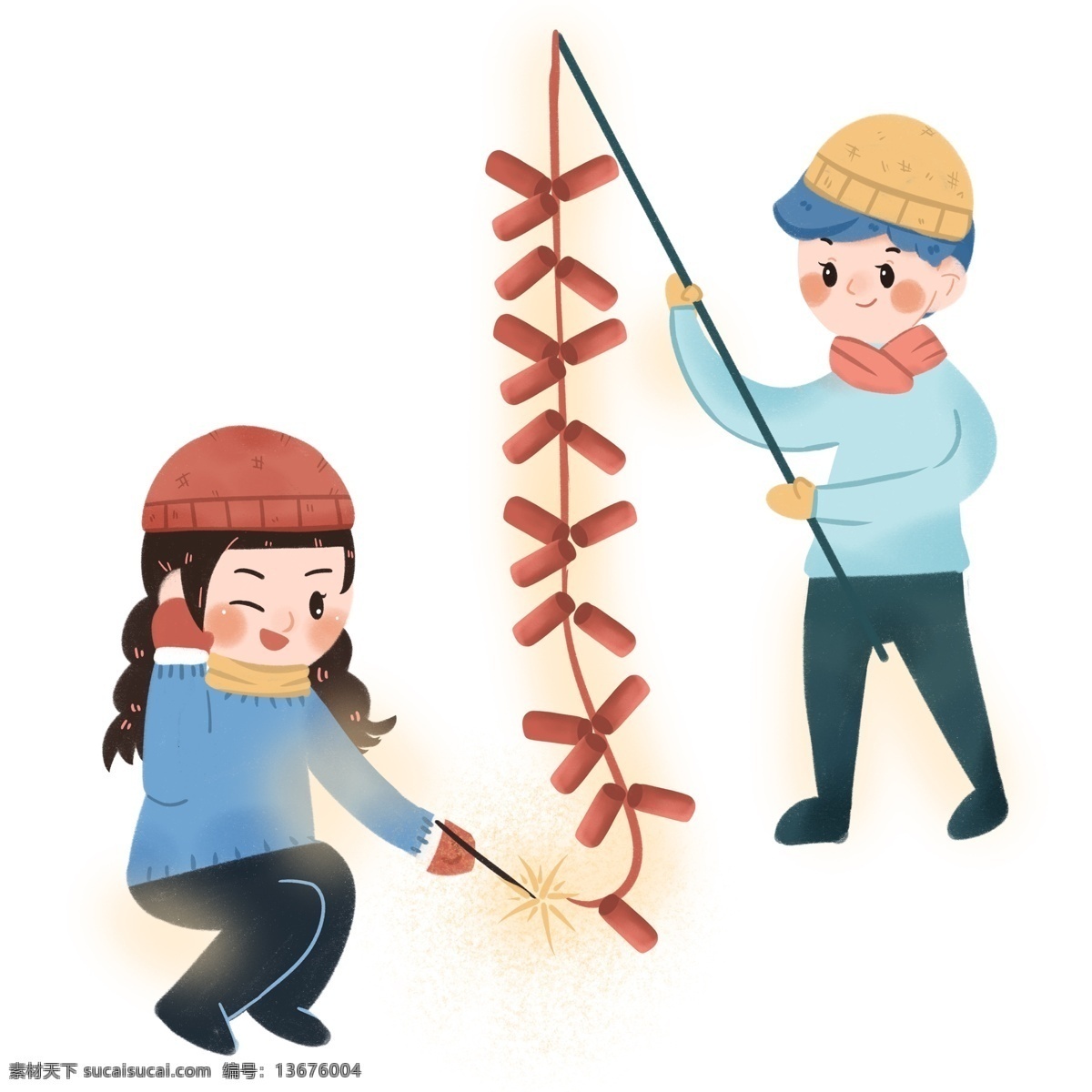 手绘 春节 放 鞭炮 两个 小孩 卡通 喜庆 小女孩 小男孩 中国年 2019年 猪年 新年 兄妹 放鞭炮