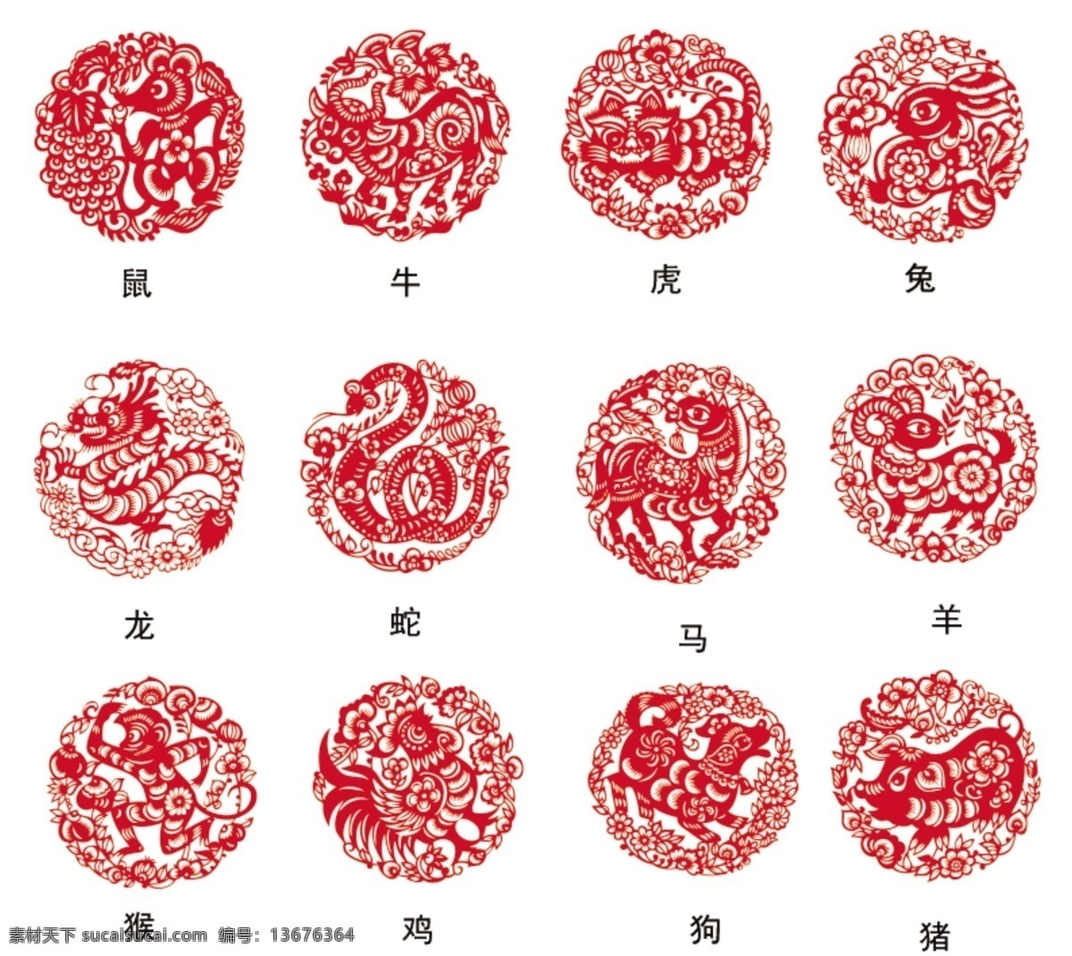 十二生肖剪纸 十二生肖 剪纸 剪纸素材 鼠 牛 虎 兔 龙 马