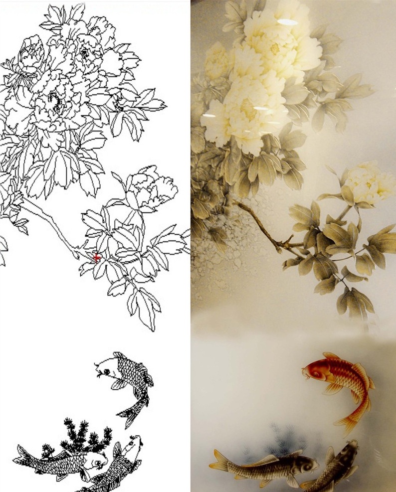 富贵有余 牡丹 鱼 鸟 花 树 艺术玻璃 背景墙 屏风 艺术玻璃素材 深雕玻璃 深雕 深雕上彩 肌理雕 文化艺术 绘画书法 牡丹鱼系列 环境设计 家居设计