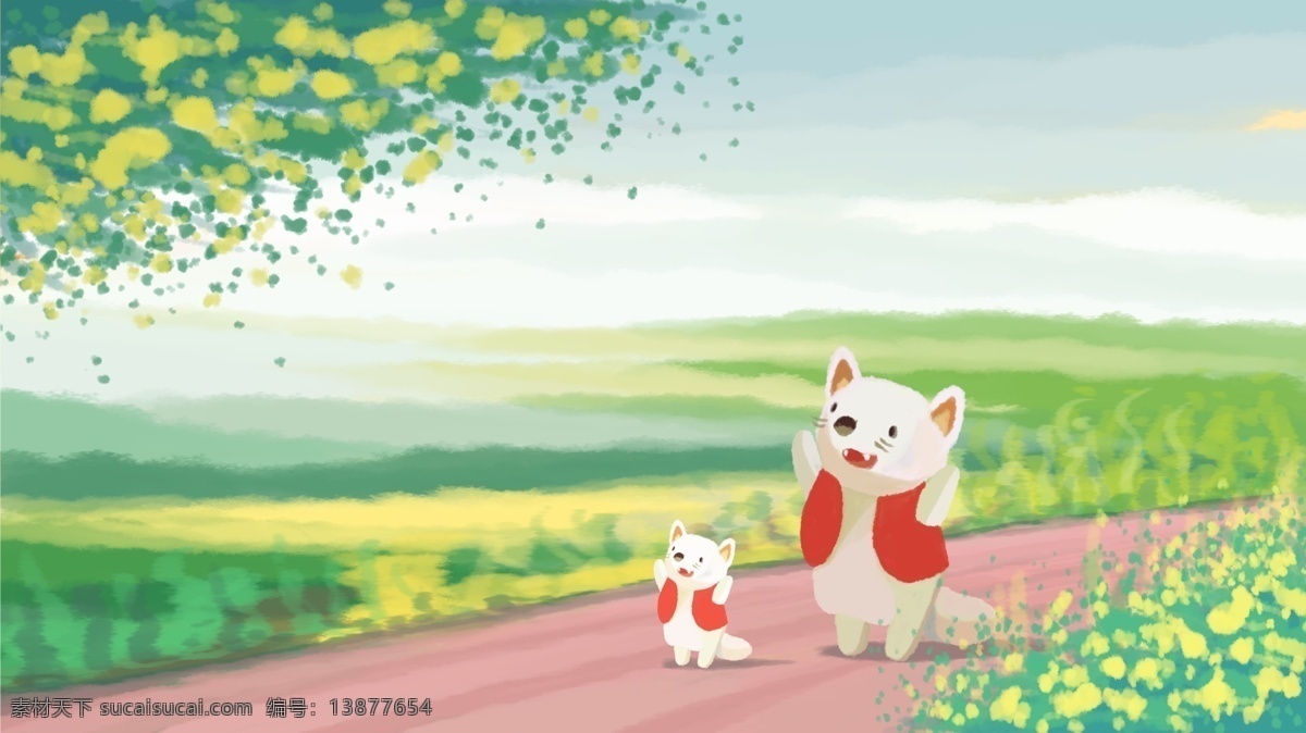 你好 八月 仓鼠 母女 插画 8月 野外 清新 你好八月 月签