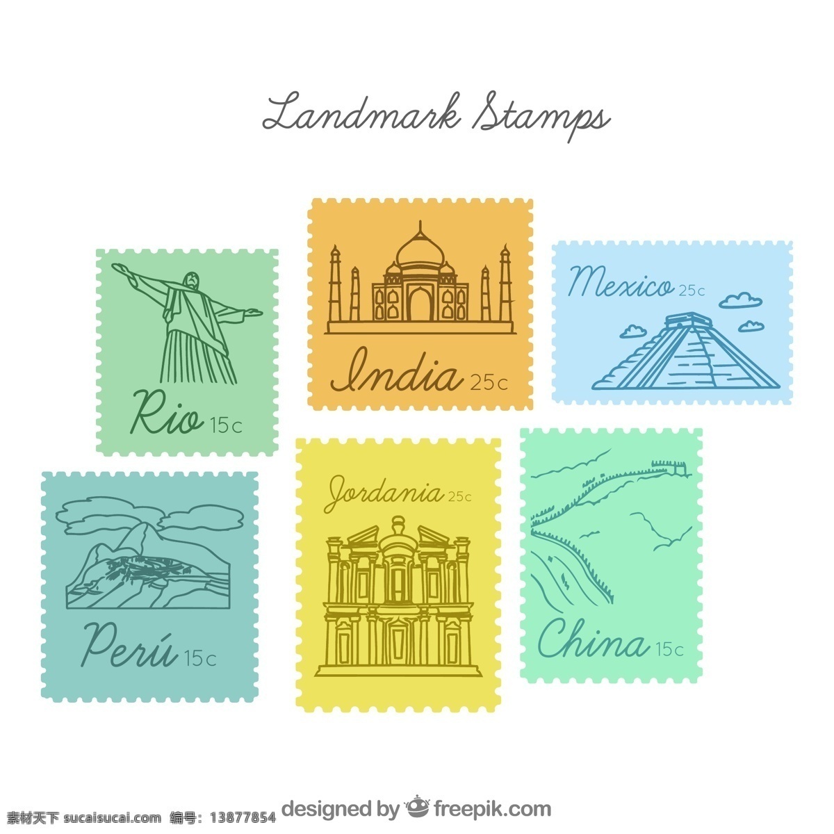 款 手绘 旅游 地标 邮票 矢量 巴西像 埃及 泰姬陵 印度 金字塔 佩特拉古城 约旦 万里长城 中国 秘鲁 太阳金字塔 墨西哥 月亮金字塔 标志图标 其他图标