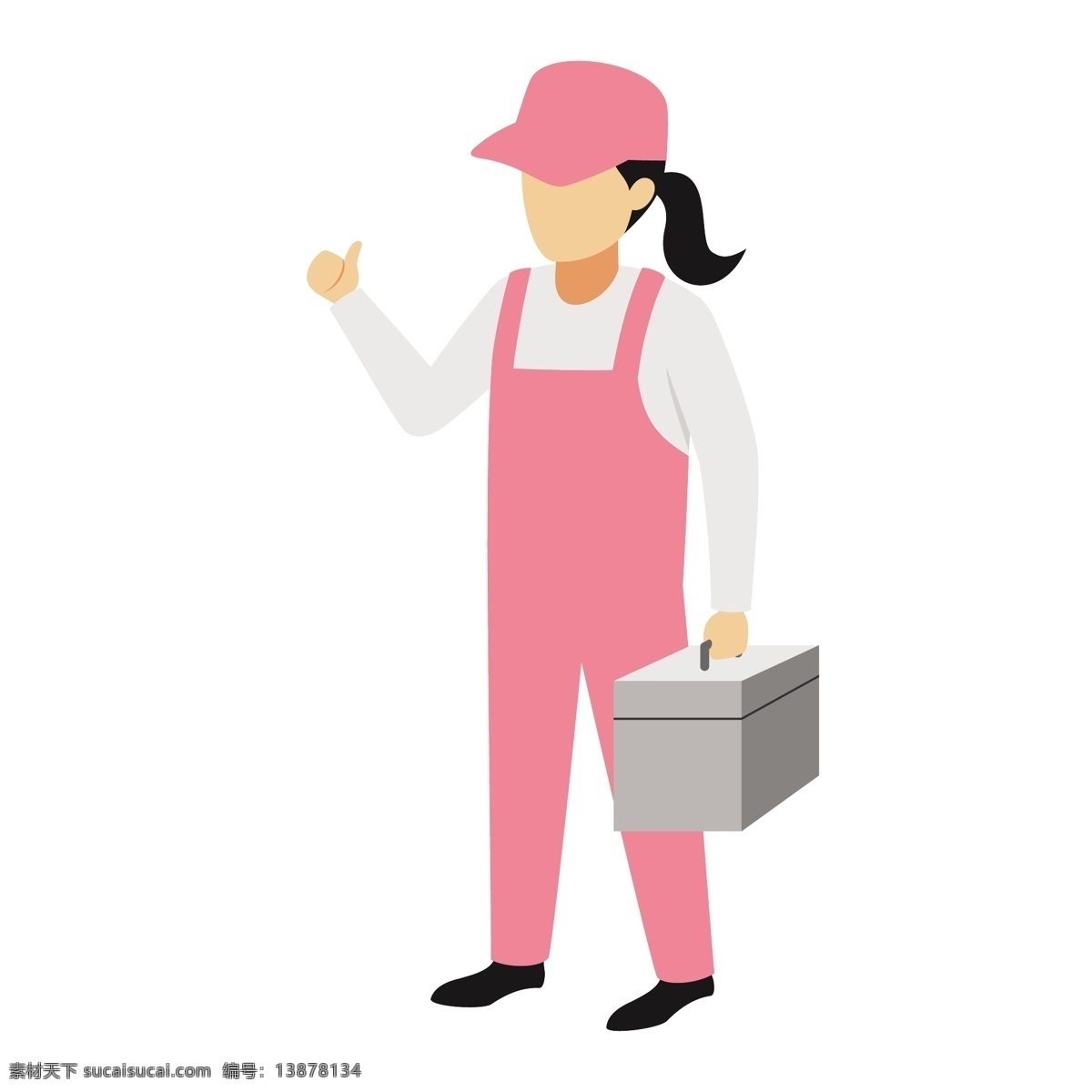 箱子 女人 矢量 帽子 戴帽子 卡通 卡通女性 卡通维修工 粉色 粉色的 粉色的制服 家政 家政服务