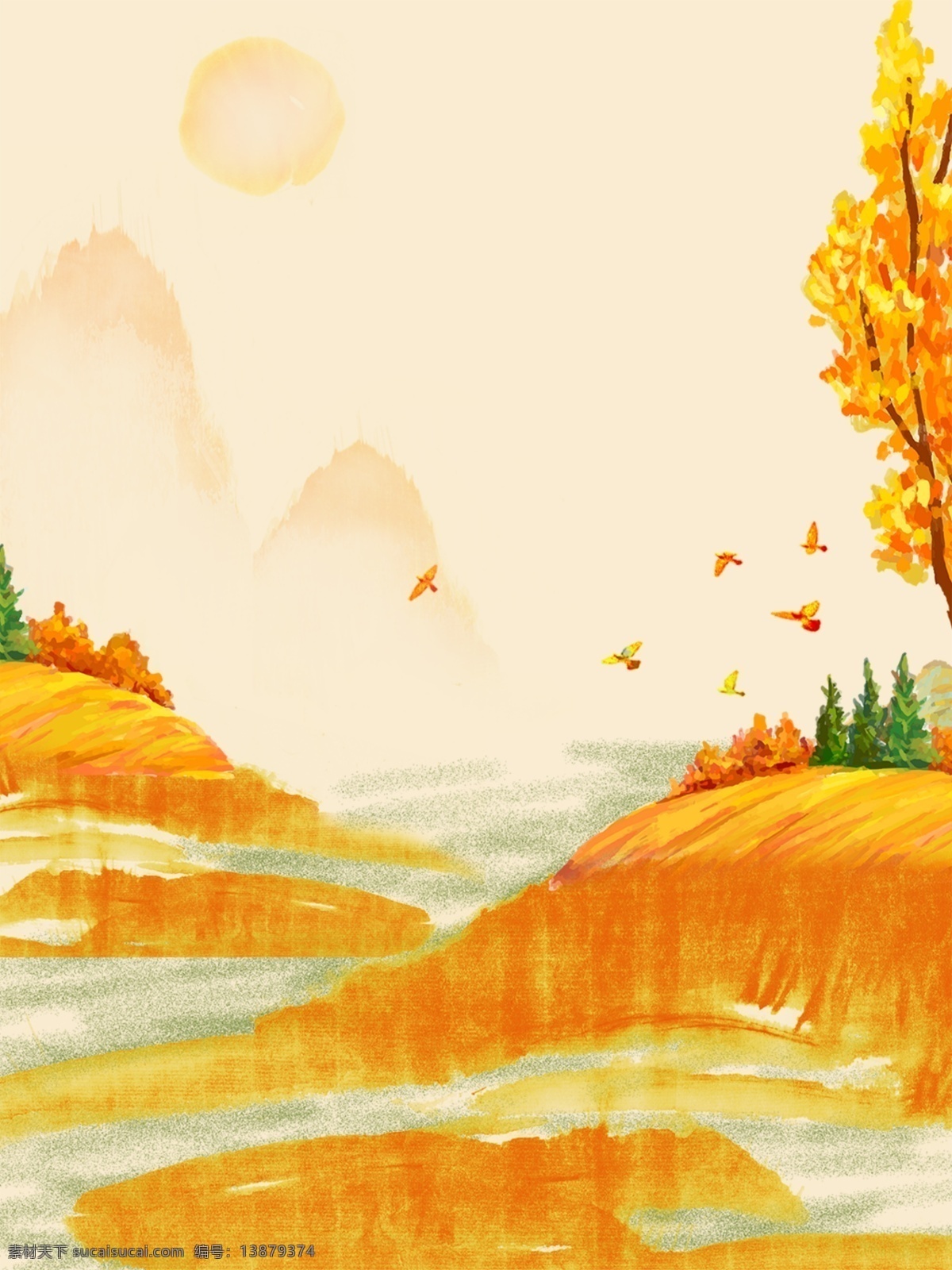 金黄 秋分 节日卡 通 背景 黄色 节气 树木 广告背景