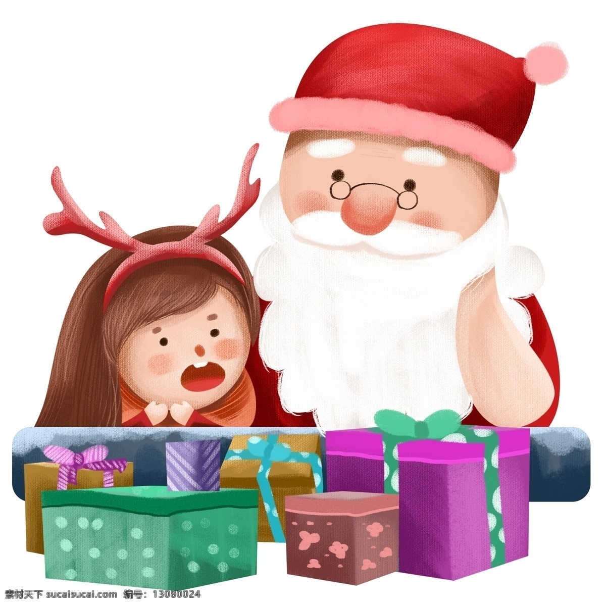 圣诞节 礼物 手绘 插画 圣诞老人 圣诞夜 圣诞礼物 小女孩 圣诞节插画 礼盒