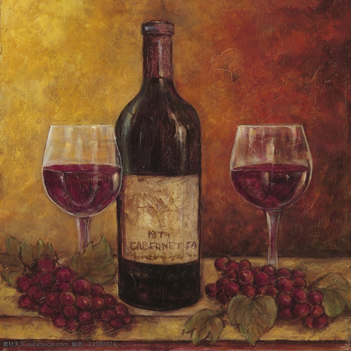 红酒 葡萄 高脚杯 酒瓶 写实 油画作品 西方美术 红色调 家居装饰素材