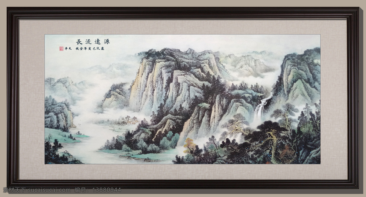源远流长 山水画 工笔山水画 石头 杂树 瀑布 云雾 线描 贝雕画稿 绘画书法 家庭挂画 风景画 文化艺术