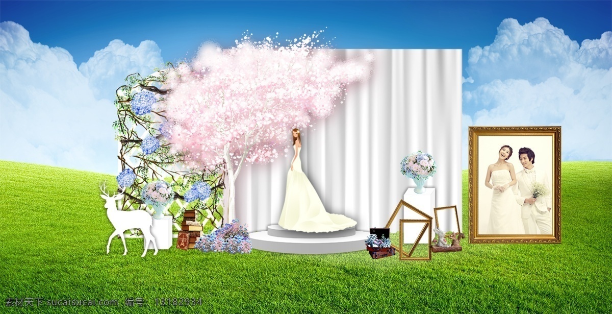 粉 蓝色 清新 森 系 户外 婚礼 展示 签到 效果图 粉蓝色 森系 花墩 樱花树 相框 鹿 圆形舞台 婚纱照