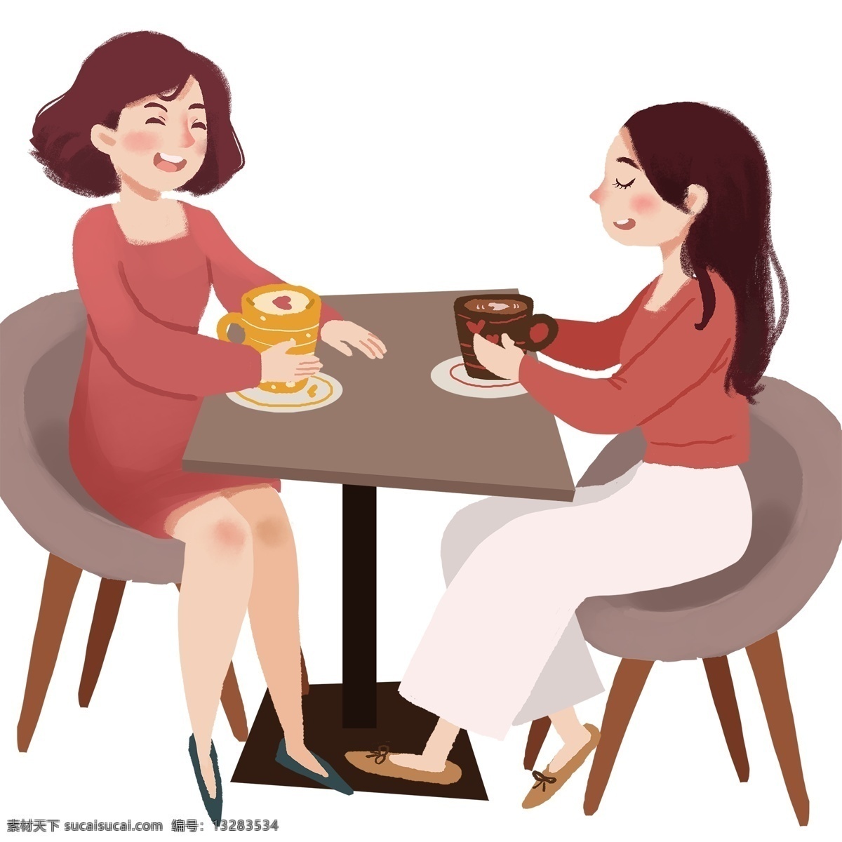 一起 喝 咖啡 聊天 闺 蜜 俩 手绘 卡通 插画 闺蜜 下午茶