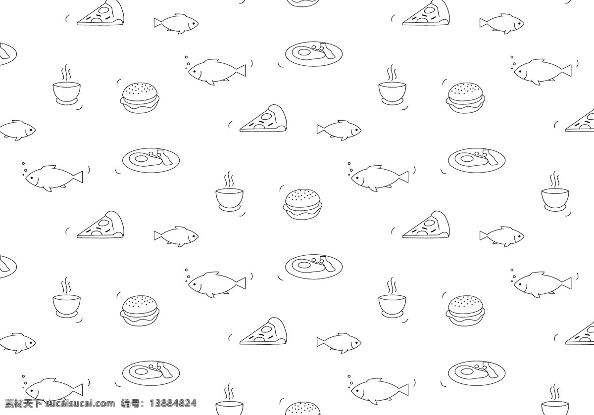 食品矢量模式 背景 墙纸 装饰 装修 无缝的 时髦的 向量 粉彩 插图 食品 轮廓 图标 图案 餐厅 鱼苗