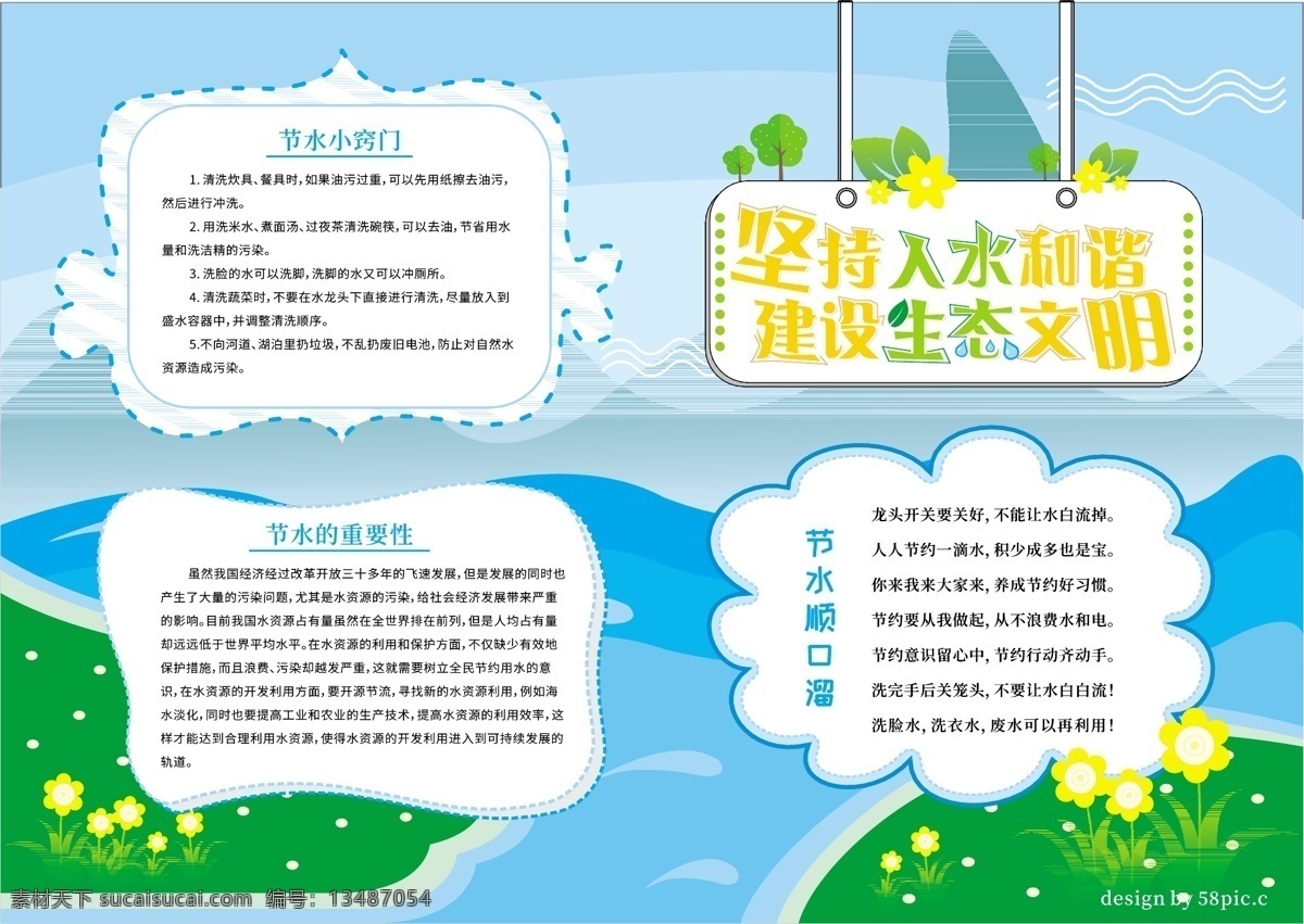 原创 矢量 卡通人 水 和谐 生态 文明 手 抄报 水资源 节约用水 环保 手抄报 卡通 可爱 清新 河流 蓝色