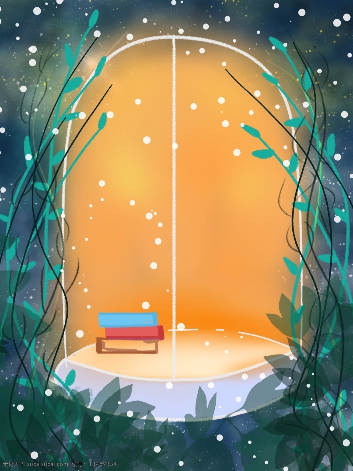 手绘 梦境 绿叶 书屋 背景 书本 书堆 梦幻 拱门 花腾 下雪 彩绘背景 通用背景 创意背景
