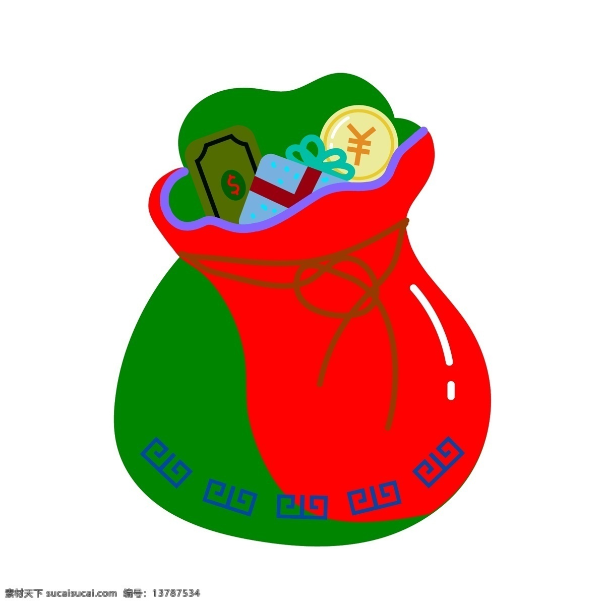 红色 袋装 年终奖 插画 红色的袋子 黄色的绑绳 花纹红袋子 年终礼物 年终奖插画 红色的纸币 金币 硬币 红色钱袋