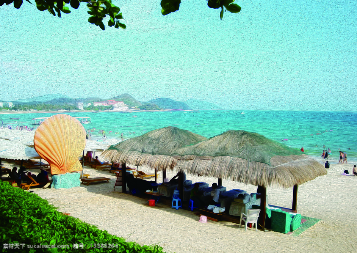 贝壳 房子 风景 海南 海滩 绘画书法 文化艺术 油画 海滩设计素材 海滩模板下载 装饰素材