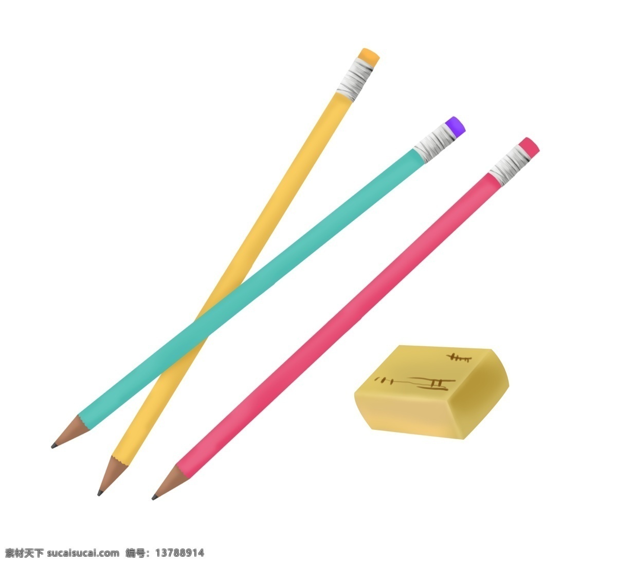 彩色 铅笔 装饰 插画 彩色的铅笔 三根铅笔 漂亮的铅笔 黄色的橡皮擦 卡通铅笔 办公铅笔 画画铅笔