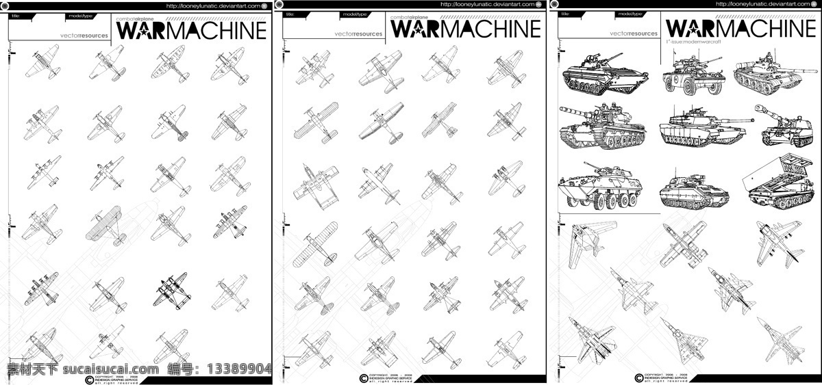 战斗机 坦克 旧世纪的飞机 坦克黑白素描 矢量图 其他矢量图