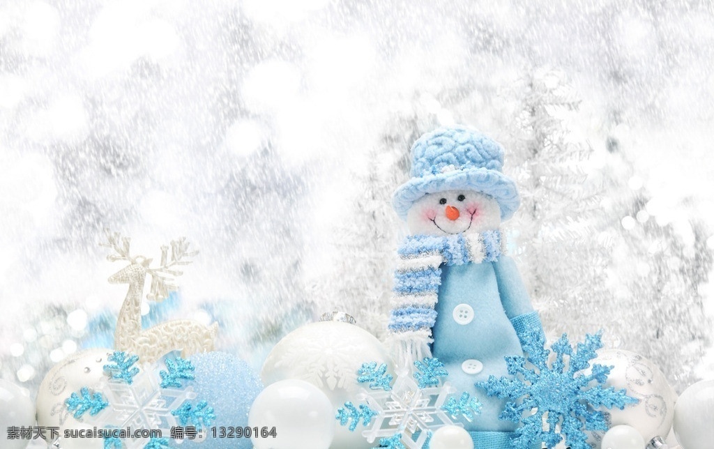 可爱雪人 冬天 圣诞节 蓝色 白色 雪花 春节 围巾 帽子 浪漫 梦幻 节日庆祝 文化艺术