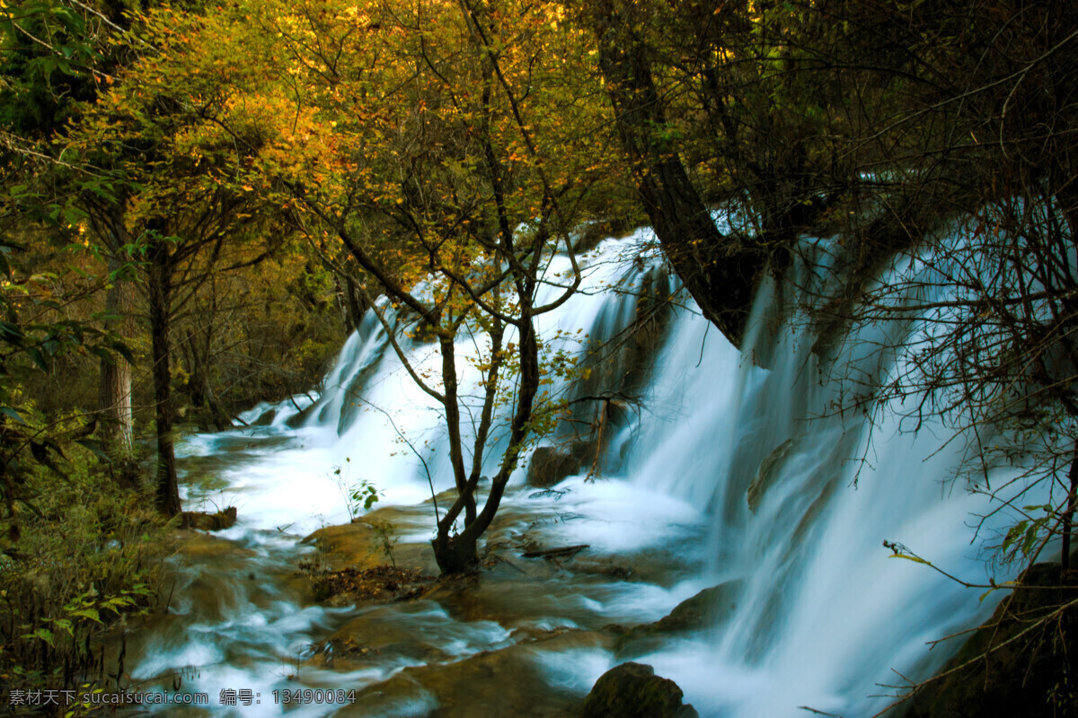 金色九寨 九寨沟 秋天 流水 黄叶 瀑布 旅游摄影 自然风景