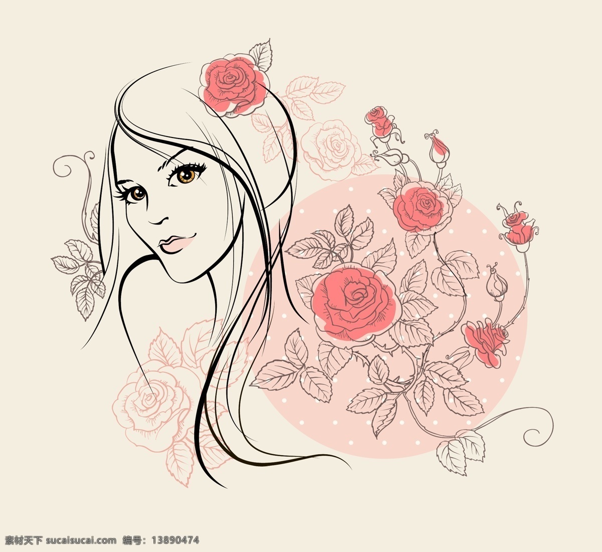 花卉美女 玫瑰花 矢量美女头像 手绘美女头像 彩绘美女头像 手绘美女 手绘 美女头像 彩绘美女 美女模特 卡通 卡通美女 美女 卡通人物 卡通女孩 手机壳 手机壳壁纸 装饰画 贴纸 裙子 卡通设计