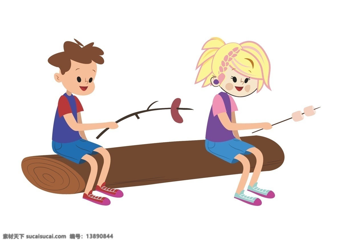 卡通 坐在 木头 上 烧烤 小孩 学习 快乐 欢乐 小男孩 小女孩 人物 香肠 夏天 野外 户外 活动