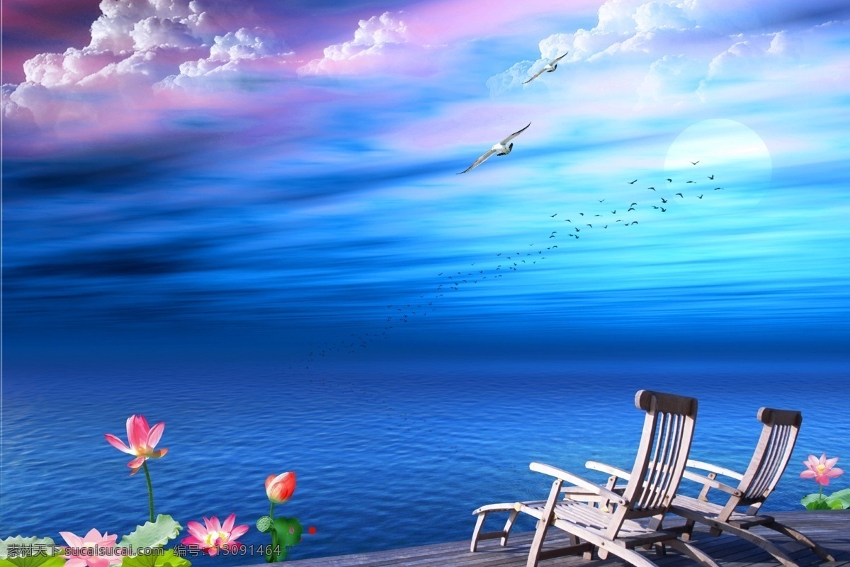 唯美画面 蓝天 白云 荷花 椅子 大海 唯美 房地产 分层 文件 广告模版 自然景观 自然风光
