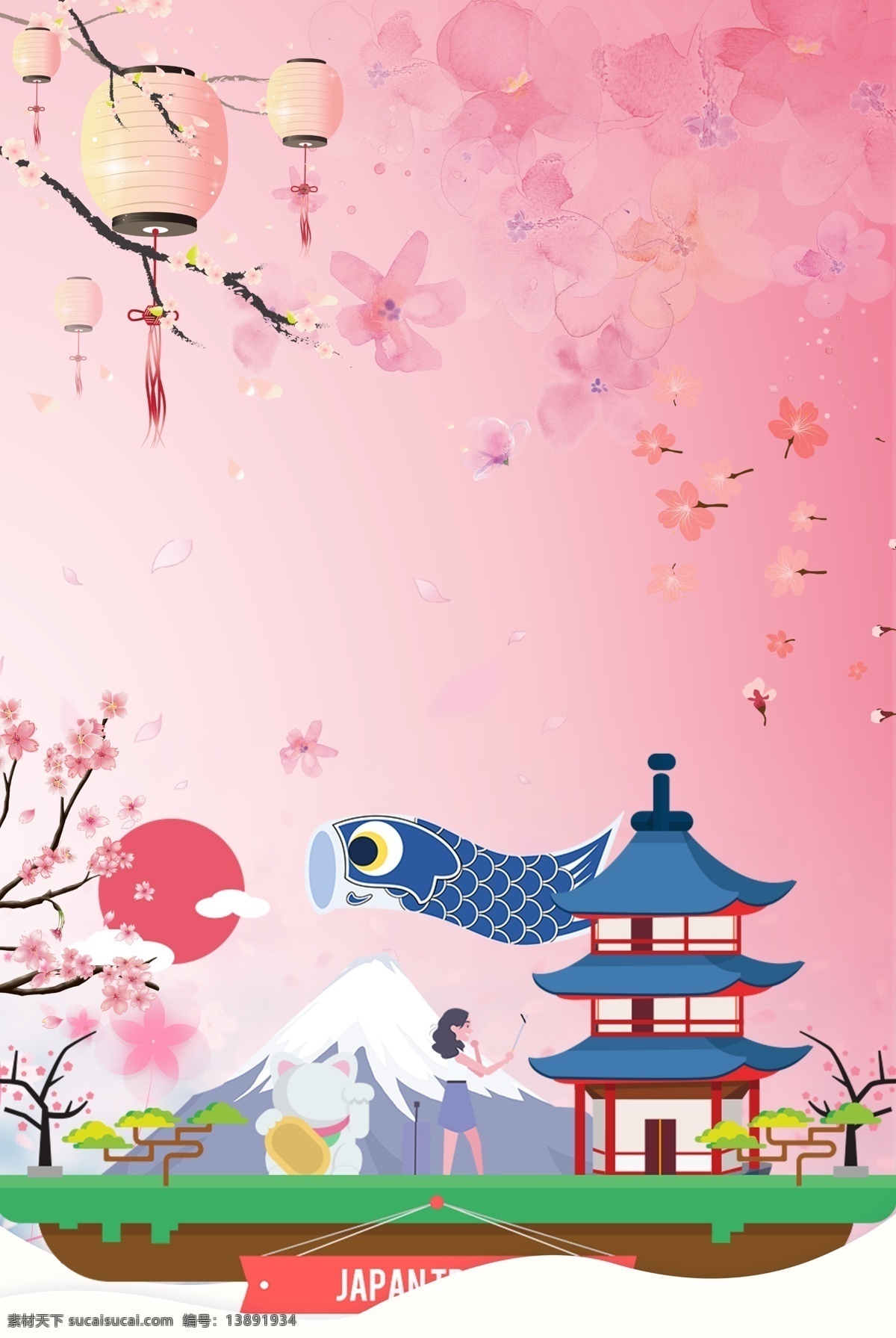 创意 简约 日本旅游 合成 背景 旅游 环球 旅行 樱花 景点 日本建筑 日本游 国外游 卡通