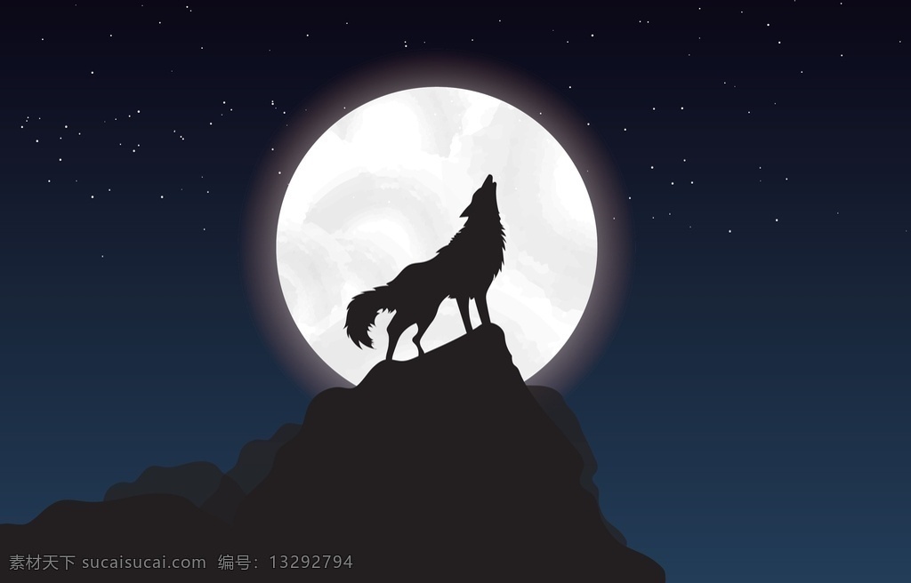 山顶的狼 狼 站 步行 月亮 晚上 宁静祥和 明星 天空 会感到寂寞 天蓝色 直到深夜 山脉