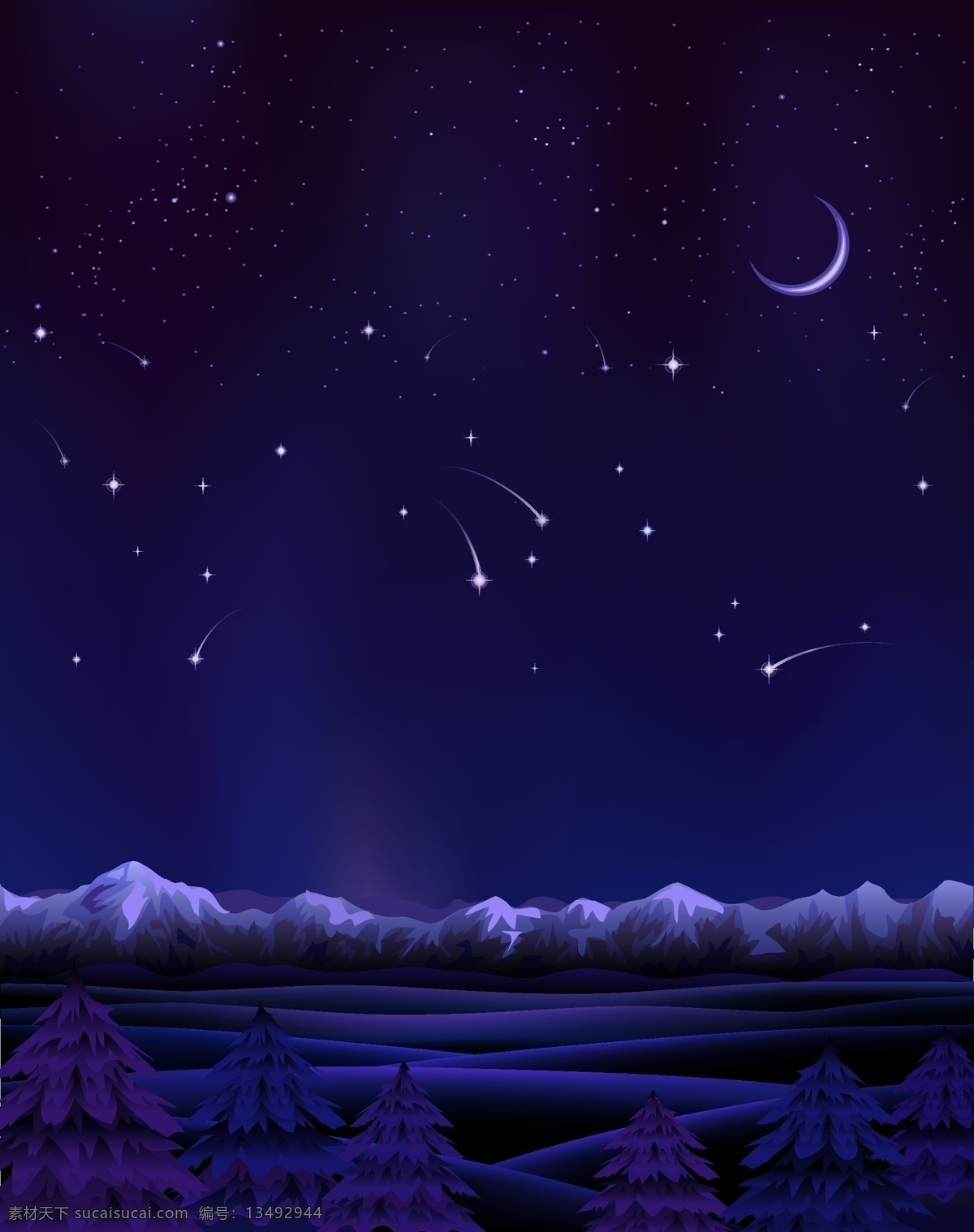 背景 冰川 冰雪 卡通 蓝紫色 梦幻 矢量 夜空 手绘 童趣 雪景 雪山