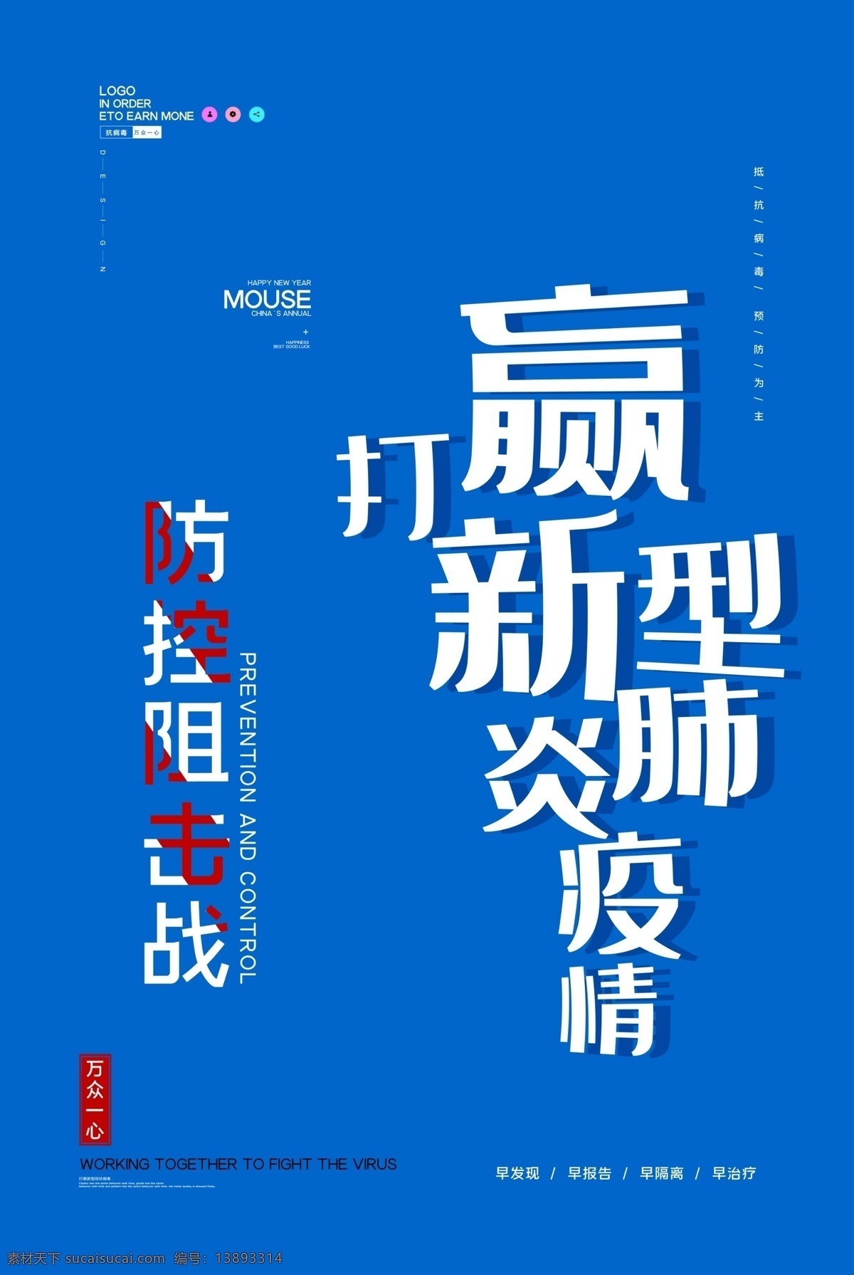 打赢 新型 肺炎 疫情 防控 阻击战 新型肺炎 万众一心 早发现 早报告 早隔离 早治疗 蓝色海报 车贴 写真 不干胶 展板