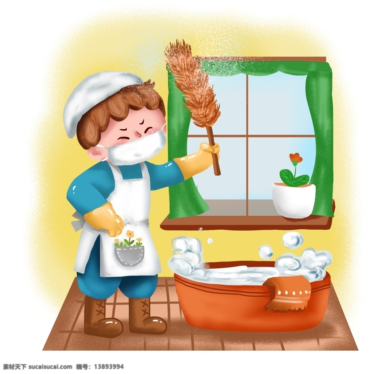 小年 大扫除 鸡毛掸子 掸 灰 层 场景 人物 插画 男孩 掸灰 收拾屋子 眯眼