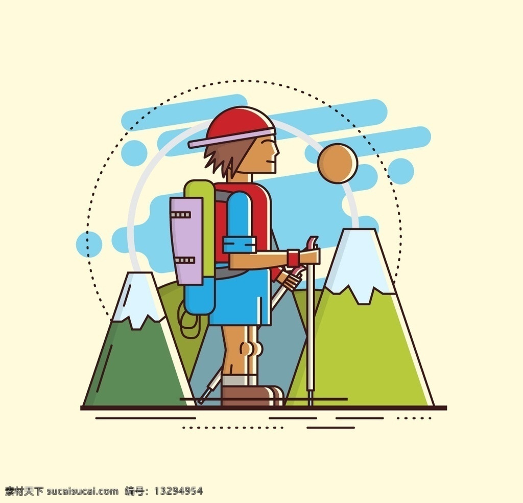 徒步旅行插图 旅游 自然 地势平坦 字符 体育 男孩 露营 散步 插图 漫画 背包 徒步旅行 旅途中 顶部