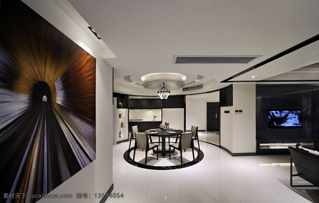 现代 时尚 客厅 瓷砖 地板 室内装修 效果图 客厅装修 亮面餐桌 白色地板 褐色挂画
