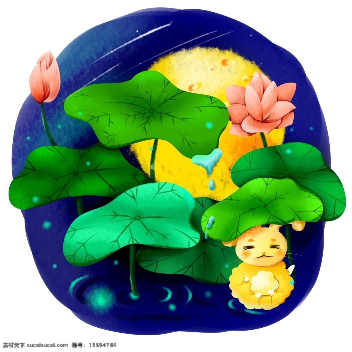 中秋节 节日 月下 荷叶 荷花节 日商 插画 荷花 月亮 玉兔 兔子 荷塘 处暑 商用 海报素材