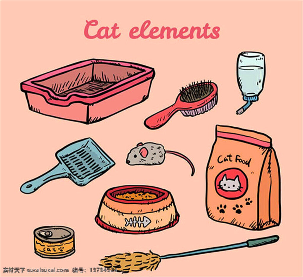 彩绘 宠物 猫 用品 矢量 铲子 老鼠 猫饲料 猫砂 猫碗 饮水器 梳子 罐头 宠物用品 矢量图 ai格式