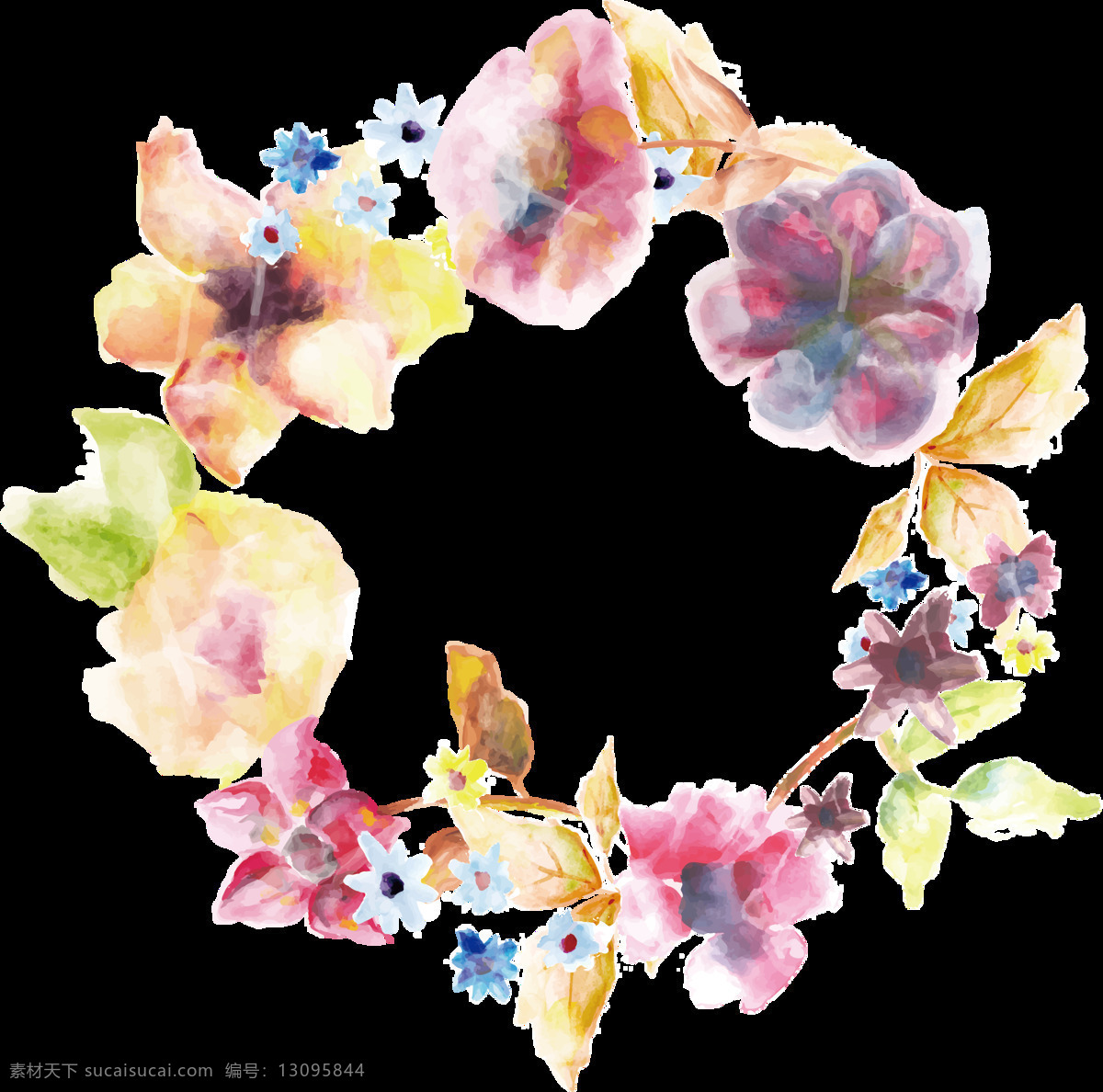 清新 水彩画 手绘 花环 装饰 元素 手绘边框素材 水彩花朵 圆形